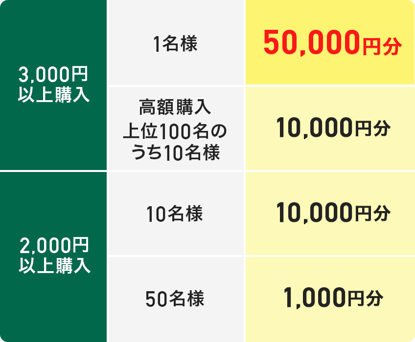 3,000�~�ȏ�w����1���l 50,000�~�� ���z�w�����100���̂���10���l 10,000�~�� 2,000�~�ȏ�w���� 10���l 10,000�~�� 50���l 1,000�~��