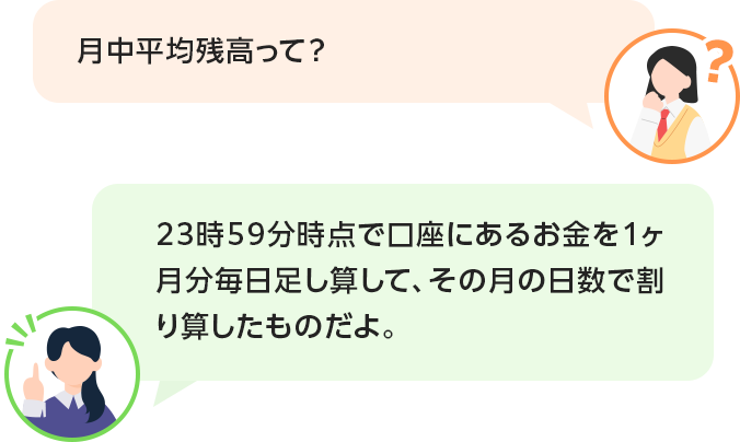 月中平均残高って? 23時59分時点で口座にあるお金を1ヶ月分毎日足し算して、その月の日数で割り算したものだよ。