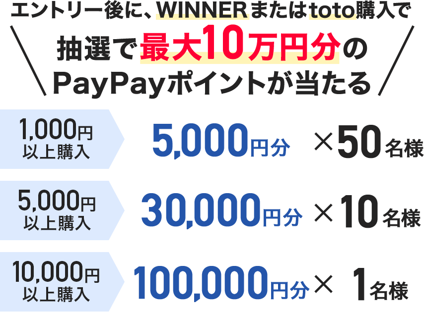 �G���g���[��ɁAWINNER�܂���toto�w���Œ��I�ōő�10���~����PayPay�|�C���g�������� 1,000�~�ȏ�w����5,000�~�� 50���l 5,000�~�ȏ�w����30,000�~�� 10���l 10,000�~�ȏ�w����100,000�~�� 1���l