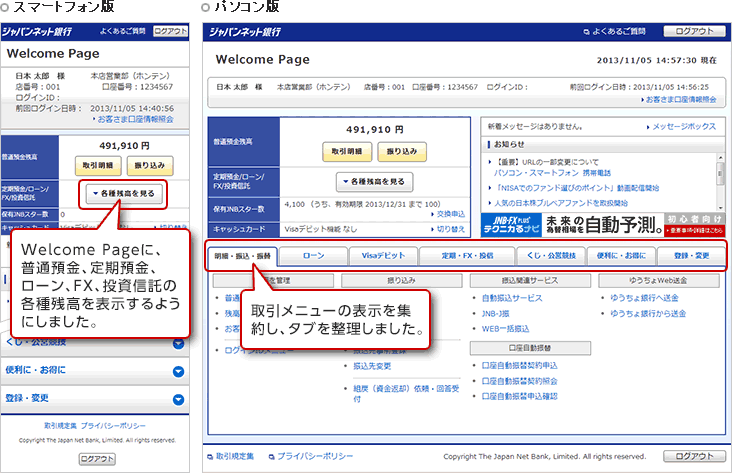スマートフォン版Welcome Pageに、普通預金、定期預金、ローン、FX、投資信託の各種残高を表示するようにしました。パソコン版Welcome Pageに、取引メニューの表示を集約し、タブを整理しました。